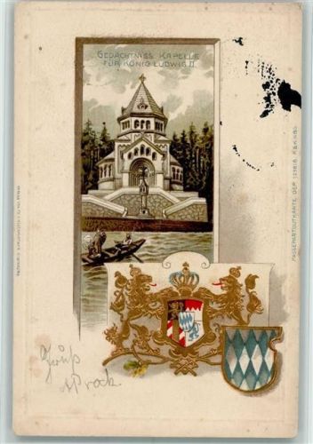 Berg 1900 Prägedruck Passepartout Gedächtnis-Kapelle für König Ludwig II. Wappen Ruderboot Starnberger See