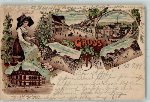 67240 Bischwiller Bischweiler 1899 Gebrauchsspuren Gruss aus Lithographie Kronen Apotheke Weberei AK