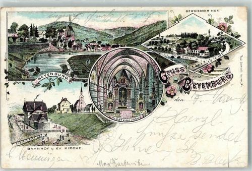 42103 W5600 Beyenburg 1897 Lithographie Bahnhof Ev. Kirche Bergischer Hof Klosterkirche