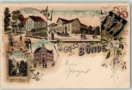 Bünde 1899 Naturheilbad Brunnen Stadtgarten Wappen Postamt Kriegerdenkmal Gruss Blumen Kutsche Bahnpost Osnabrück