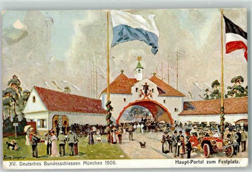 München XV. Deutsches Bundesschiessen 1906 Hauptportal zum Festplatz Oldtimer Schwarz-Weiß-Rot sign