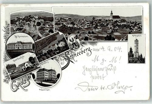 08289 O9412 Schneeberg , Erzgeb 1904 Vorläufer Bahnpost Schneeberg Zug 206 4.9.04 Kgl. Gymnasium Gewerbeschule Seminar Gleesberg Stadtwappen Keilbergturm