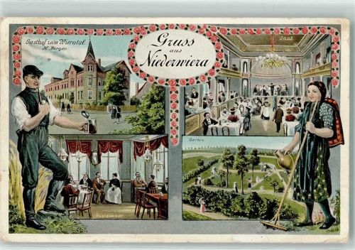 08396 O9611 Niederwiera 1911 Lithographie Gasthaus zum Wieratal Saal Gastzimmer Garten Kronleuchter Mann Pfeife Krug Fraz Rechen Gruss