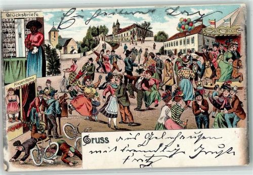 Gruss aus Volksfest Karussell Glücksbriefe Riesendame Drehorgel Jahrmarkt 1903 Lithographie