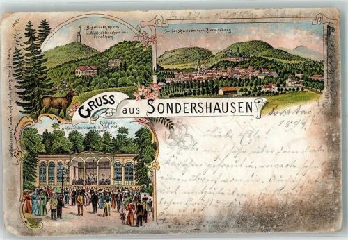 Sondershausen 1897 Bismarckturm Waldschlösschen Ferienheim Zimmerberg Lohhalle Konzert der Fürstl. Hofkapelle Lithographie