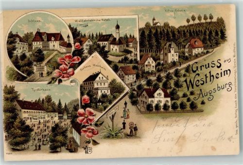 Westheim 1899 Wallfahrtskirche Kobel Tyrolerhaus Kurhaus Westheim Schloß Litho Links dünne Stelle