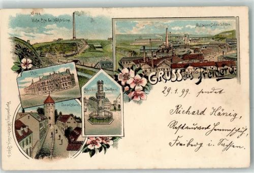 Freiberg 1899 Post Schweden Denkmal Hohe Esse Donatsturm Mulderler Schmelzhütte Gruss Blumen