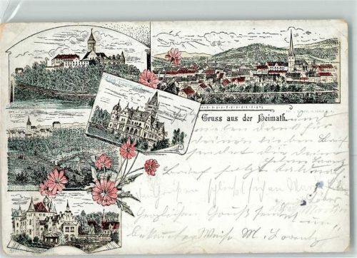 Kahla 1896 Gruss aus der Heimath Schloss Hummelshain Kirche Blumen Lithographie