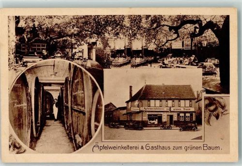 63263 W6078 Neu-Isenburg Gebrauchsspuren Äpfelweinkelterei u. Gasthaus zum grünen Baum Marktplatz Oldtimer Motorrad