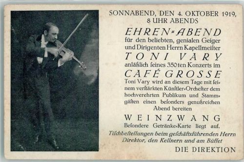 Frankfurt 1919 Toni Vary Geiger Dirigent Konzert im Cafe Rose 1919