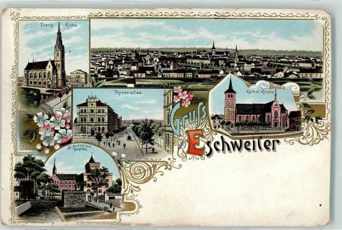 52249 W5180 Eschweiler , Rheinl Gebrauchsspuren Ev. Kirche Kath. Kirche Rosenallee St. Antonius-Hospital Krankenhaus Lithographie