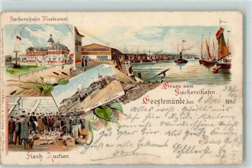 27568 W2850 Geestemünde 1898 Lithographie Fischereihafen Restaurant Fisch-Auktion Güter-Expedition