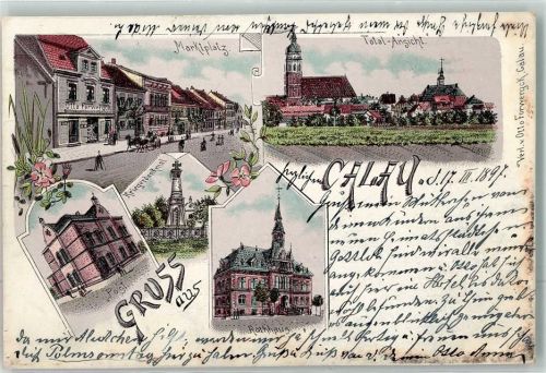 03205 O7540 Calau 1897 Lithographie Rathaus Kriegerdenkmal Marktplatz Post