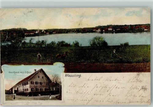 82234 W8031 Weßling , Oberbay Gebrauchsspuren Wesslinger See Feldarbeiter Pferdepflug Gasthaus Klotz