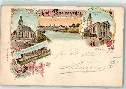 67227 W6710 Frankenthal Pfalz 1897 Lithographie Ev. Kirche Kreiskranken-Pflegeanstalt Kath. Kirche