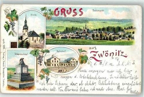 08297 O9417 Zwönitz 1902 Lithographie Kriegerdenkmal Bahnhof Kirche