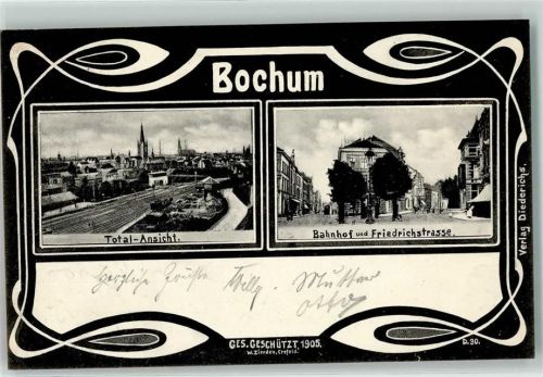 Bochum 1905 Bahnpost Köln Hannover Zug 6.8.05 Bahnhof und Friedrichstraße