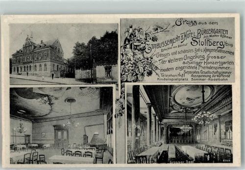 Stollberg Etablissement-Hotel Bürgergarten Speisezimmer Festsaal Bahnpost St. Egidien-Stollburg Zg. 1942