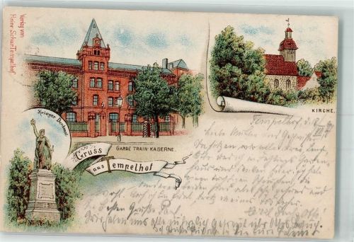 10115 W1000 Tempelhof 1897 Lithographie Garde Train Kaserne Kirche Kriegerdenkmal