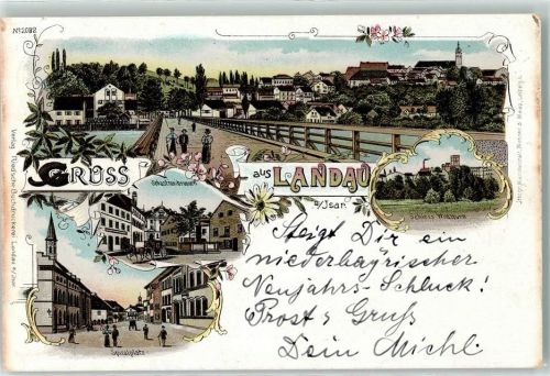 94405 W8380 Landau a d Isar 1898 Lithographie Schloß Wildthurn Spitalplatz Sebastinibrunnen Isarbrücke