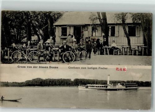 Wien 1911 Gasthaus zum lustigen Fischer Fahrrad Raddampfer