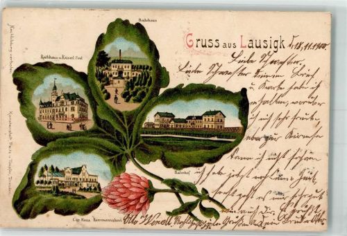 06386 O4371 Lausigk Lithographie Blütenblatt Kurhaus Bahnhof Rathaus Badehaus