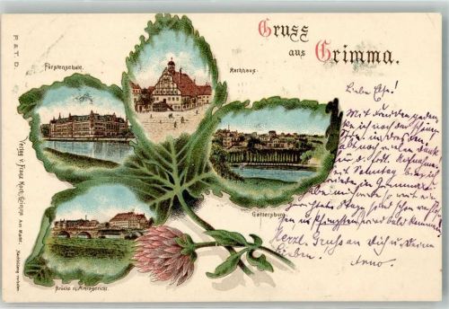 Grimma 1900 Brücke Amtsgericht Fürstenschule Rathaus Gattersburg Vierblättriges Kleeblatt Passepartout
