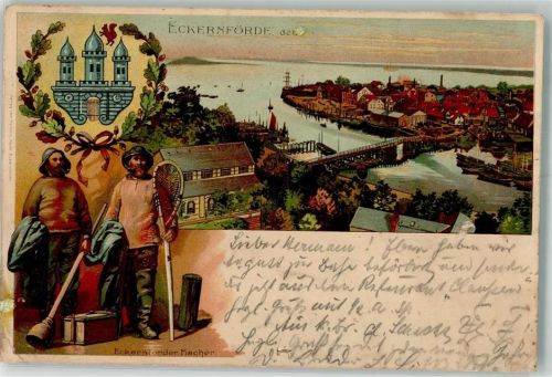 Eckernförde 1898 Eckernförder Fischer Wappen Hafen Vignette