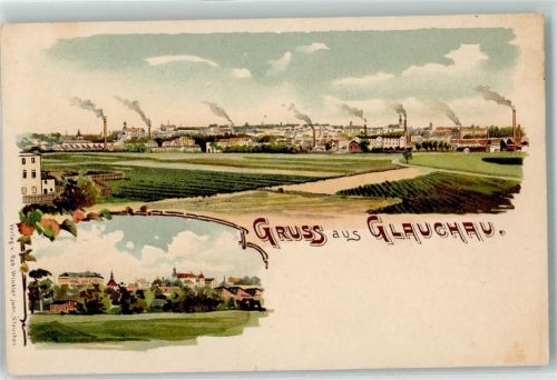 08371 O9610 Glauchau Lithographie Fabrik Schornstein Rauch Gruss