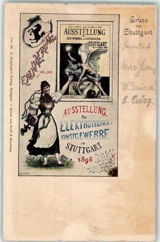 Stuttgart Ausstellung für Elektrotechnik und Kunstgewerbe 1896 Plakat auf Ansichtskarte Tracht Wappen