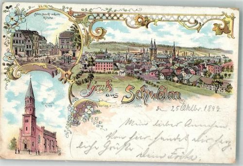58332 W5830 Schwelm 1899 Lithographie Reformierte Kirche Alter Markt Kath. Kirche Bahnpost Aachen-Kassel