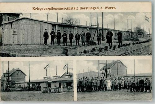 Gerstungen 1915 Kriegsverpflegungs-Anstalt Gerstungen Baracken Gruppenphoto Soldaten Bahnpost Halle-Posen Zug 204