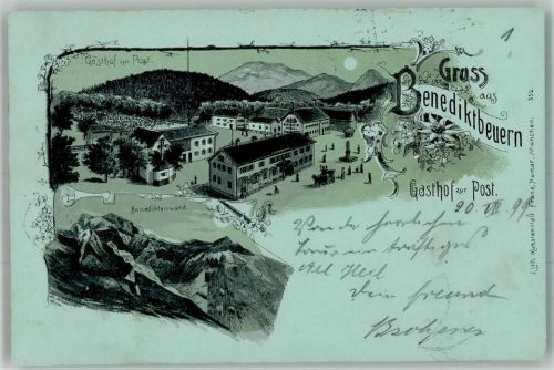 83671 W8174 Benediktbeuern 1899 Lithographie / Mondschein Benediktenwand Gasthaus zur Post