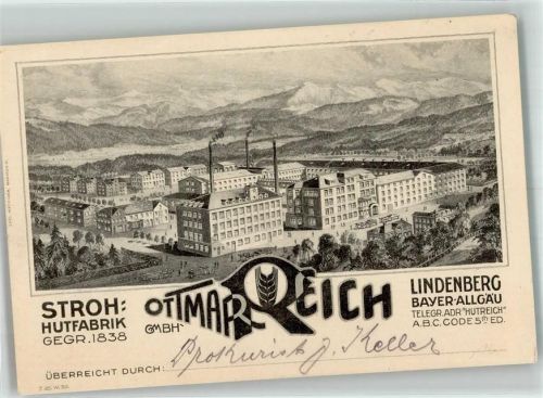 Lindenberg Stroh-Hutfabrik Ottmar Reich Vertreterkarte Geschäftskorrespondenz