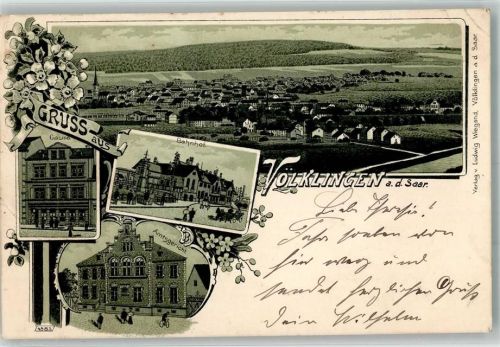 Völklingen 1902 Lithographie Bahnpost Cöln Saarbrücken Zug 204 3.6.02 Bahnhof Casino