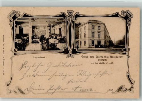Bremen 1902 Gasthaus Essmann An der Weide 41-42 Konzertsaal