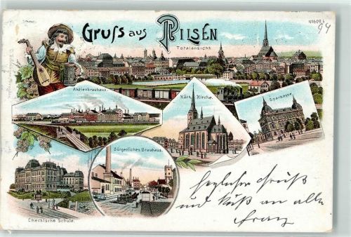 Plzen 1899 Aktienbrauhaus Bürgerliches Brauhaus Chechiche Schule Kath. Kirche