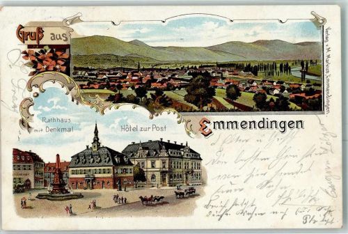 Emmendingen 1899 Rathaus mit Denkmal Hotel Zur Post