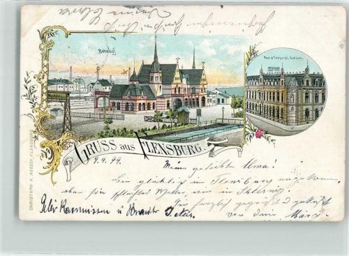 24937 W2390 Flensburg 1899 Lithographie Bahnhof Post- & Telegraphen-Gebäude