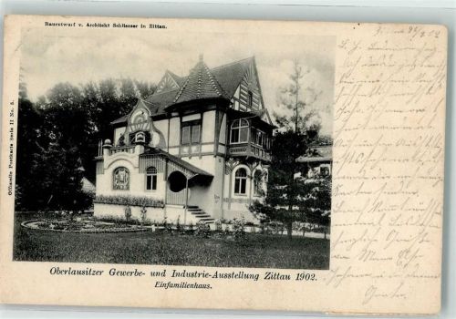 Zittau Architekt Schliesser Oberlausitzer Gewerbe- und Industrie- Ausstellung 1902 Einfamilienhaus Sonderstempel Rückseite Vignette