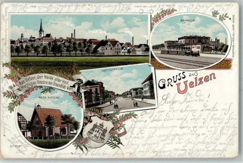 29525 W3110 Uelzen , Lüneburger Heide 1900 Lithographie Bahnhof Höftstraße Kath. Kirche