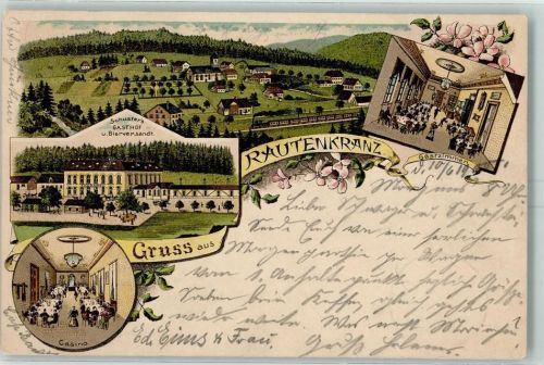 08262 O9651 Rautenkranz Vogtl. 1900 Lithographie Schusters Gasthaus und Bierversand Casino