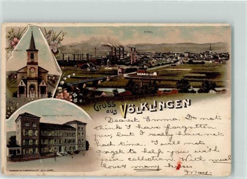 Völklingen 1897 Knappschafts-Lazarett Stadtkirche Lithographie