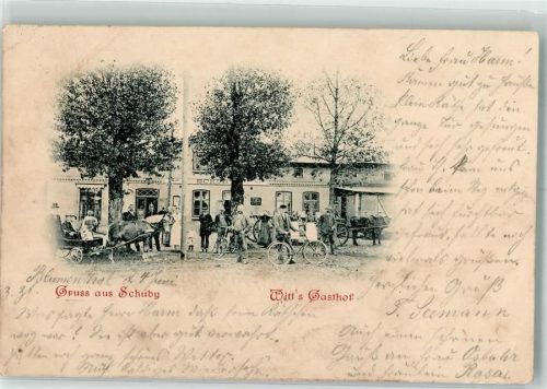 Schuby 1899 Gasthaus Witt Kutsche Fahräder Bahnpost Kiel-Flensburg Zg. 8