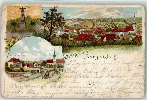 96152 W8602 Burghaslach 1898 Gebrauchsspuren Kriegerdenkmal Orff Castell'sches Schloss Lithographie