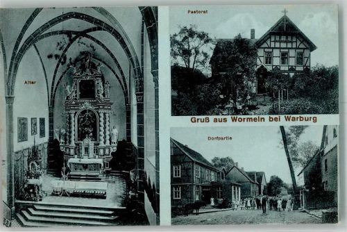 34414 W3530 Wormeln 1912 - Kircheninneres Altaransicht Pastorat Dorfstraße