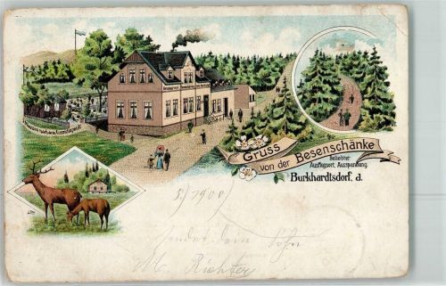 09235 O9135 Burkhardtsdorf 1900 Gebrauchsspuren Hirsch Rehkalb Gasthaus Besenschänke Lithographie