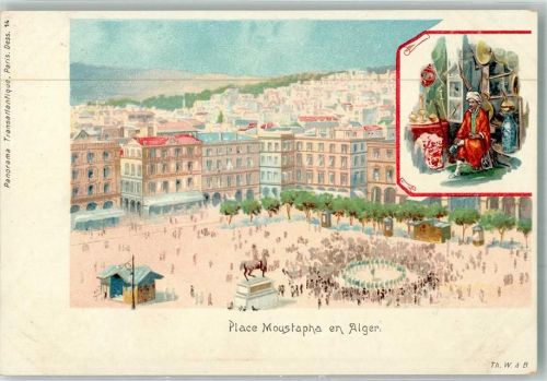 Alger Algier Lithographie Denkmal Place Moustapha Tracht Geschäft