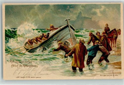 Seenotrettung Rettungswesen zur See Ablauf des Rettungsbootes Luna Nr 155 HGL 1900 Lithographie