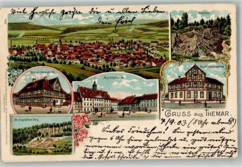 98660 O6115 Themar 1903 Lithographie Feldstein Herzogl. Amtsgericht Der eingefallene Berg Marktplatz Städt. Beamtenschule